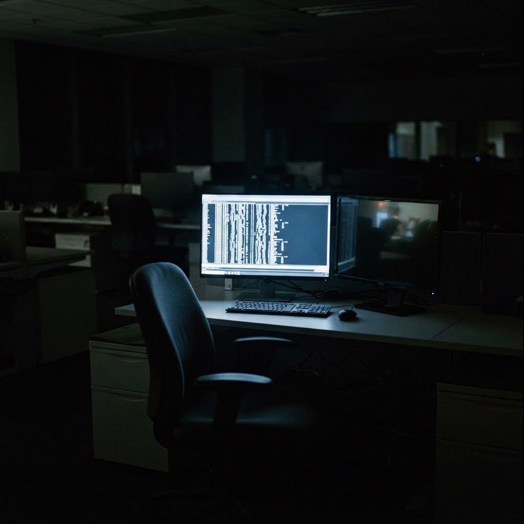 Dimly lit empty office at night with a single monitor casting blue light, displaying a cascading chat message thread.