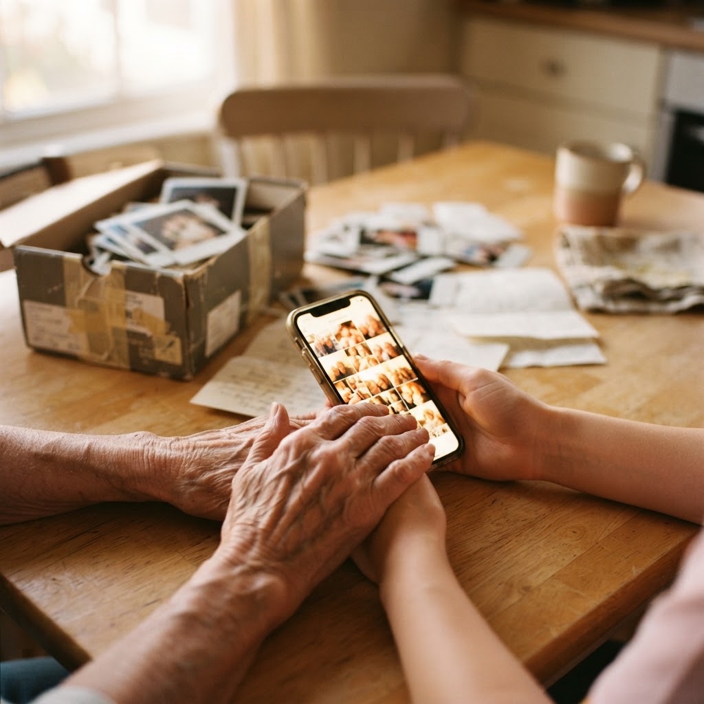 Younger and older hands holding an unlocked smartphone showing a family photo gallery, a shoebox of printed photos and letter