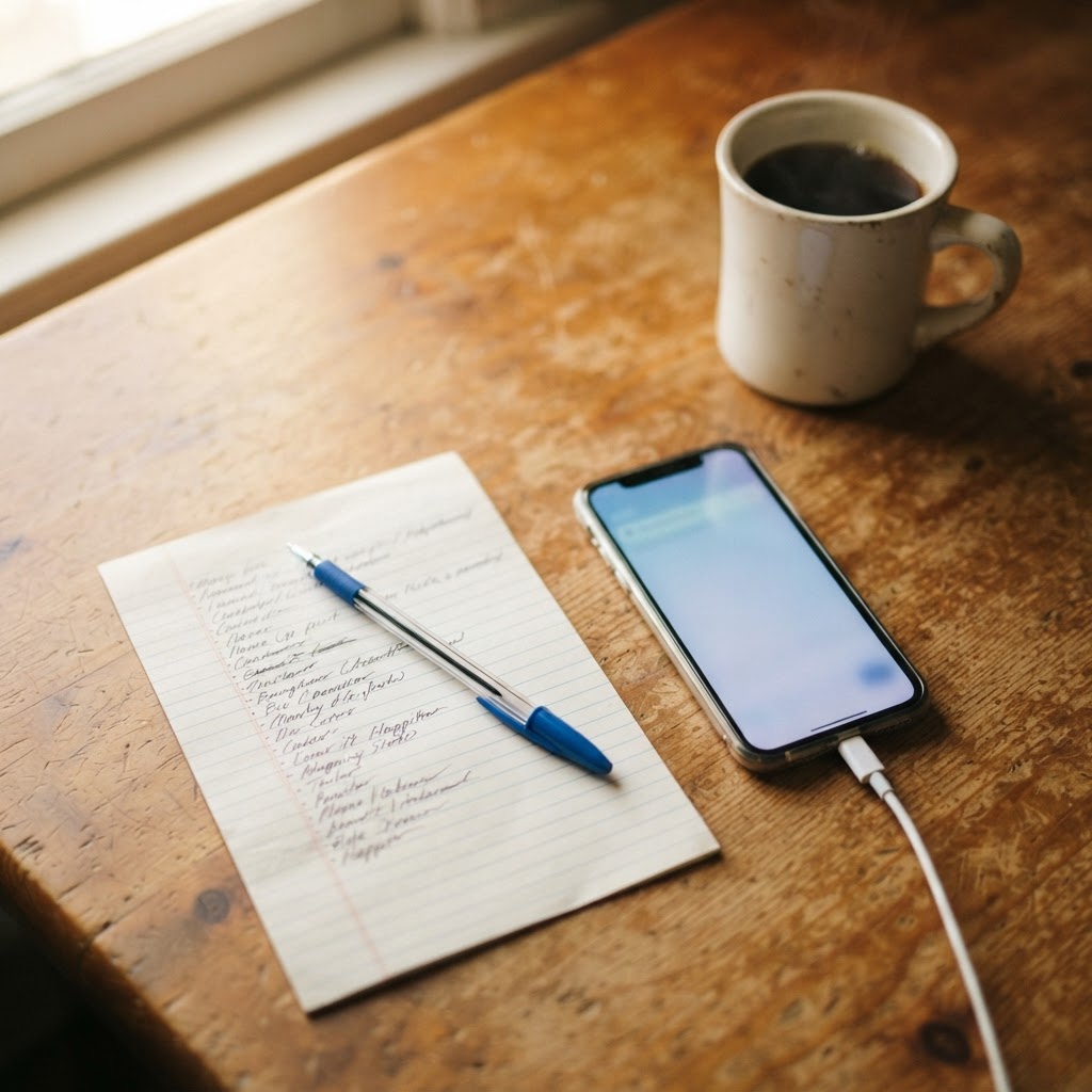 Smartphone and handwritten list on lined paper with a pen resting across the page, soft morning light catching the edge of th