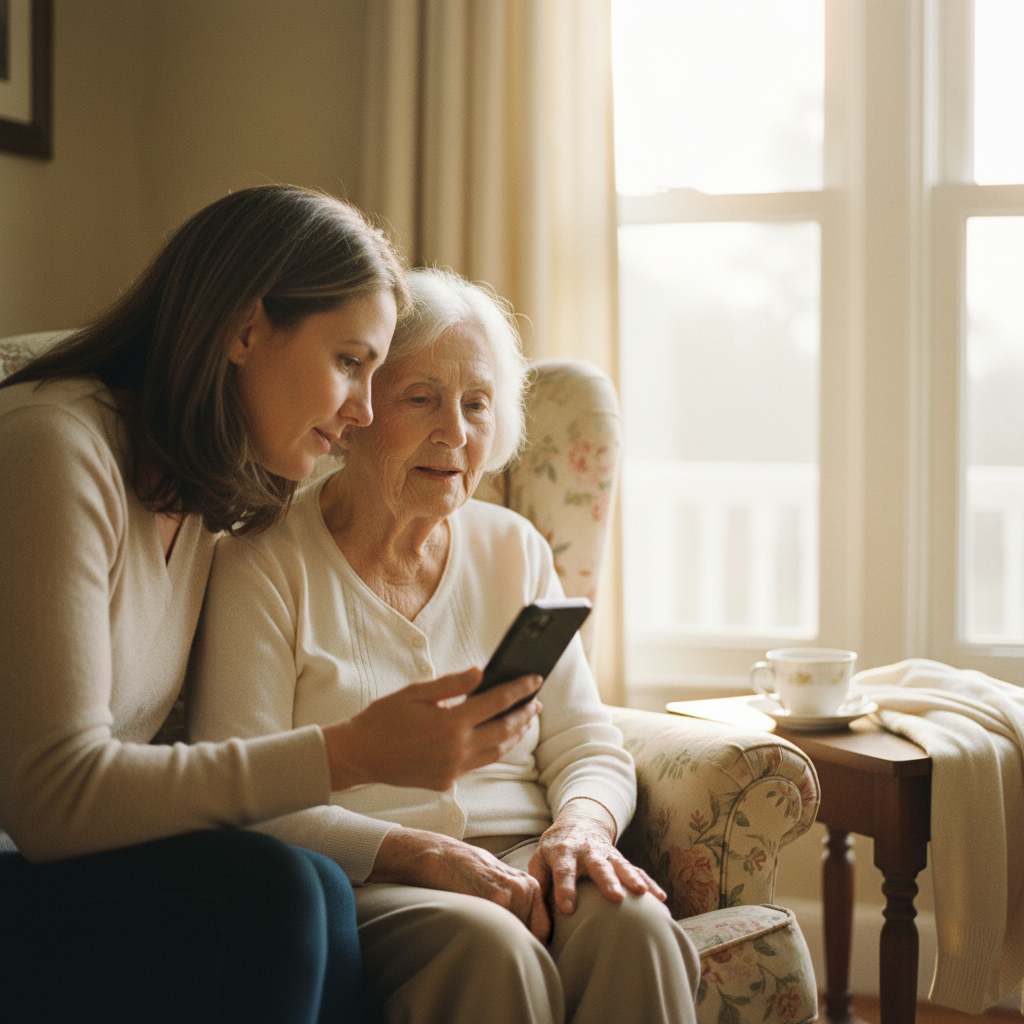 Adult hand holding a phone toward an elderly person in a sunlit armchair, a cup of tea and folded cardigan on the side table.