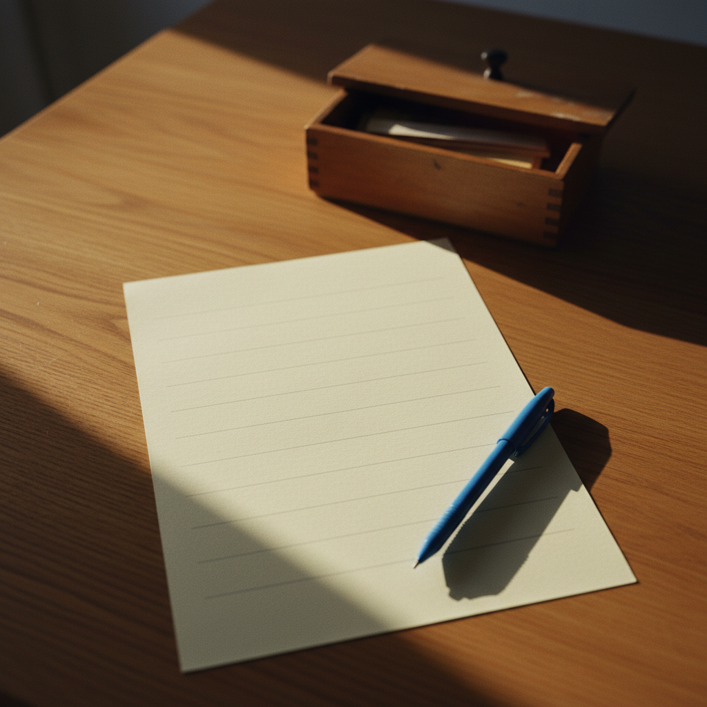 A cream sheet of paper with faint handwritten lines and an uncapped pen resting on a worn wooden table in warm afternoon wind