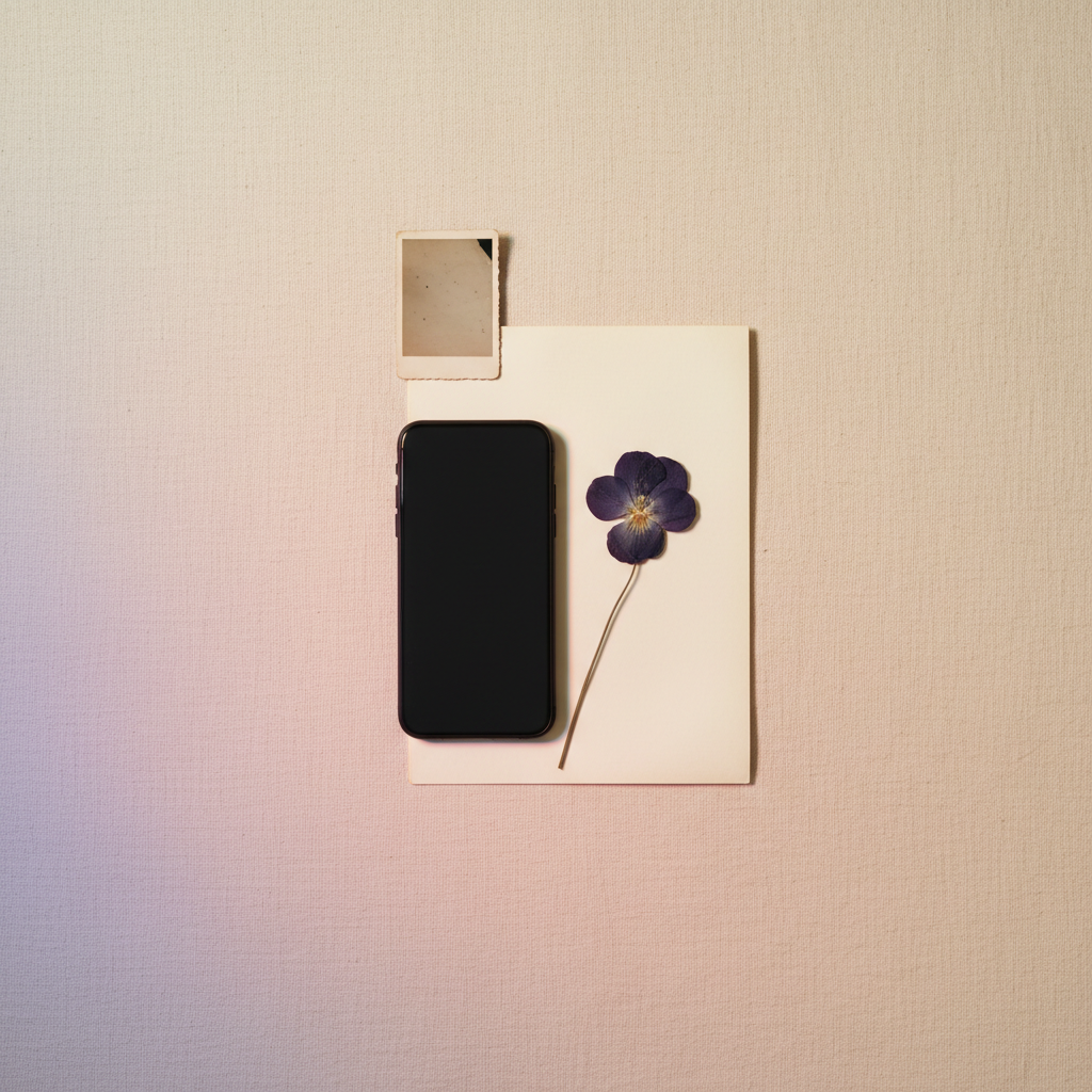 Face-down smartphone next to a folded document and a dried pressed flower on cream linen under warm gradient light.