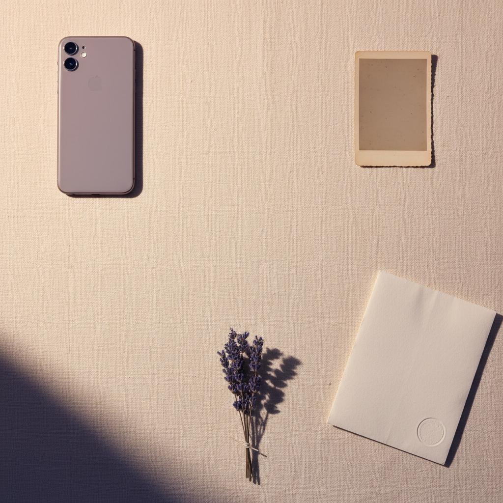 Face-down smartphone, folded document with official seal, face-down vintage photo, and dried lavender sprig on cream linen.