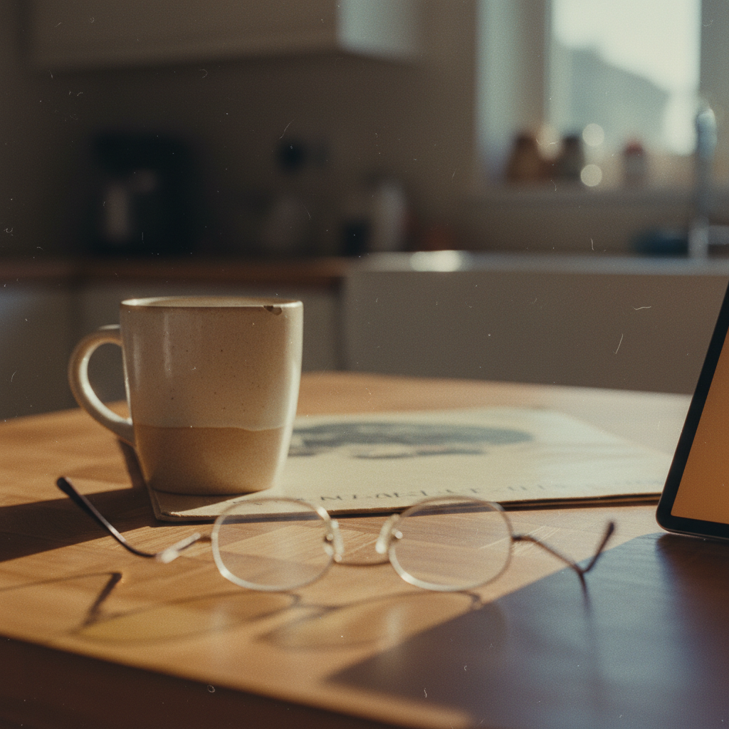 Tablet propped on a wooden table showing a music streaming app, reading glasses beside it and a vinyl sleeve leaning on a cof