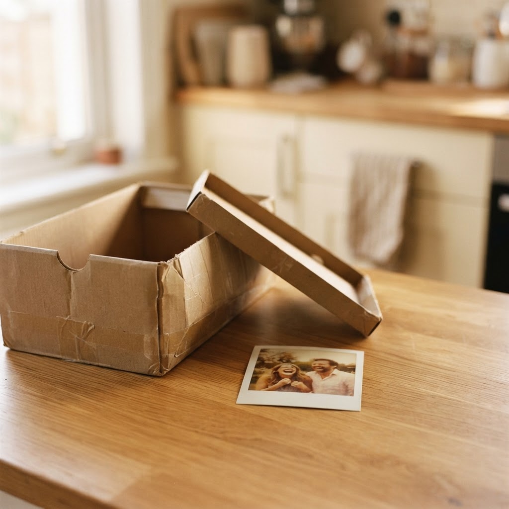 Worn shoebox of photographs on a wooden kitchen table in afternoon light, lid set aside, a single loose Polaroid face-up besi