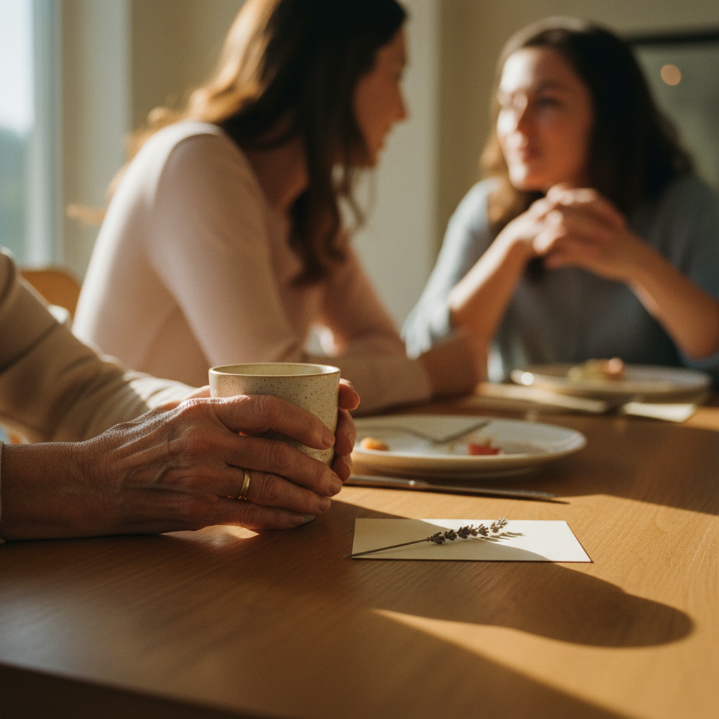 Weathered grandmother's hands cradling a warm mug beside a handwritten index card on a wooden table, two blurred figures in t