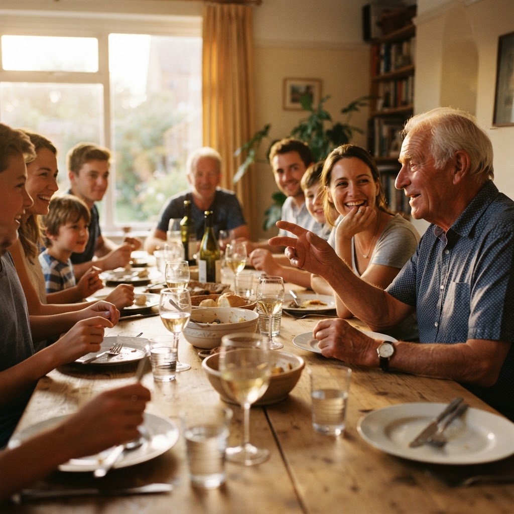Elderly man mid-sentence leaning forward with one hand raised at a dinner table, younger woman across from him laughing with