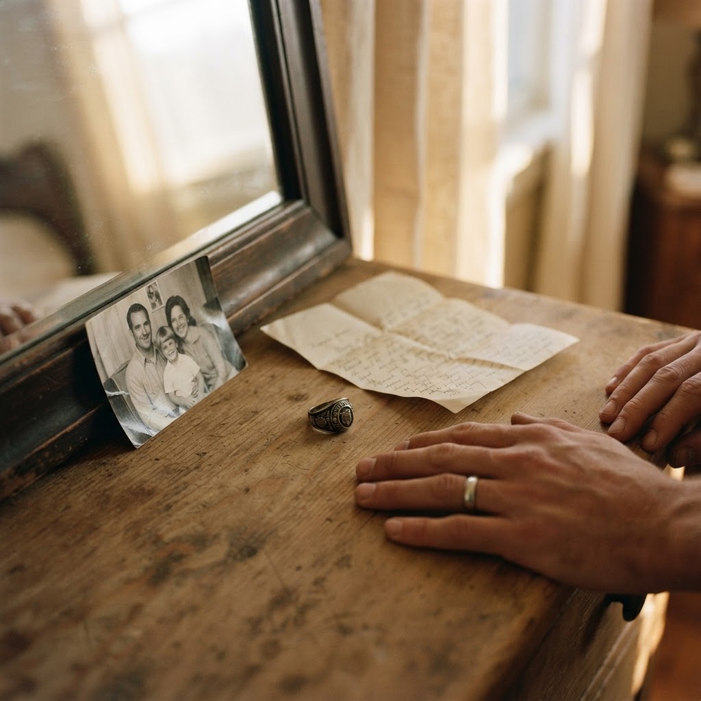 Dresser top with a folded letter, family photo tucked in a mirror frame, a worn class ring, and a pair of young hands resting