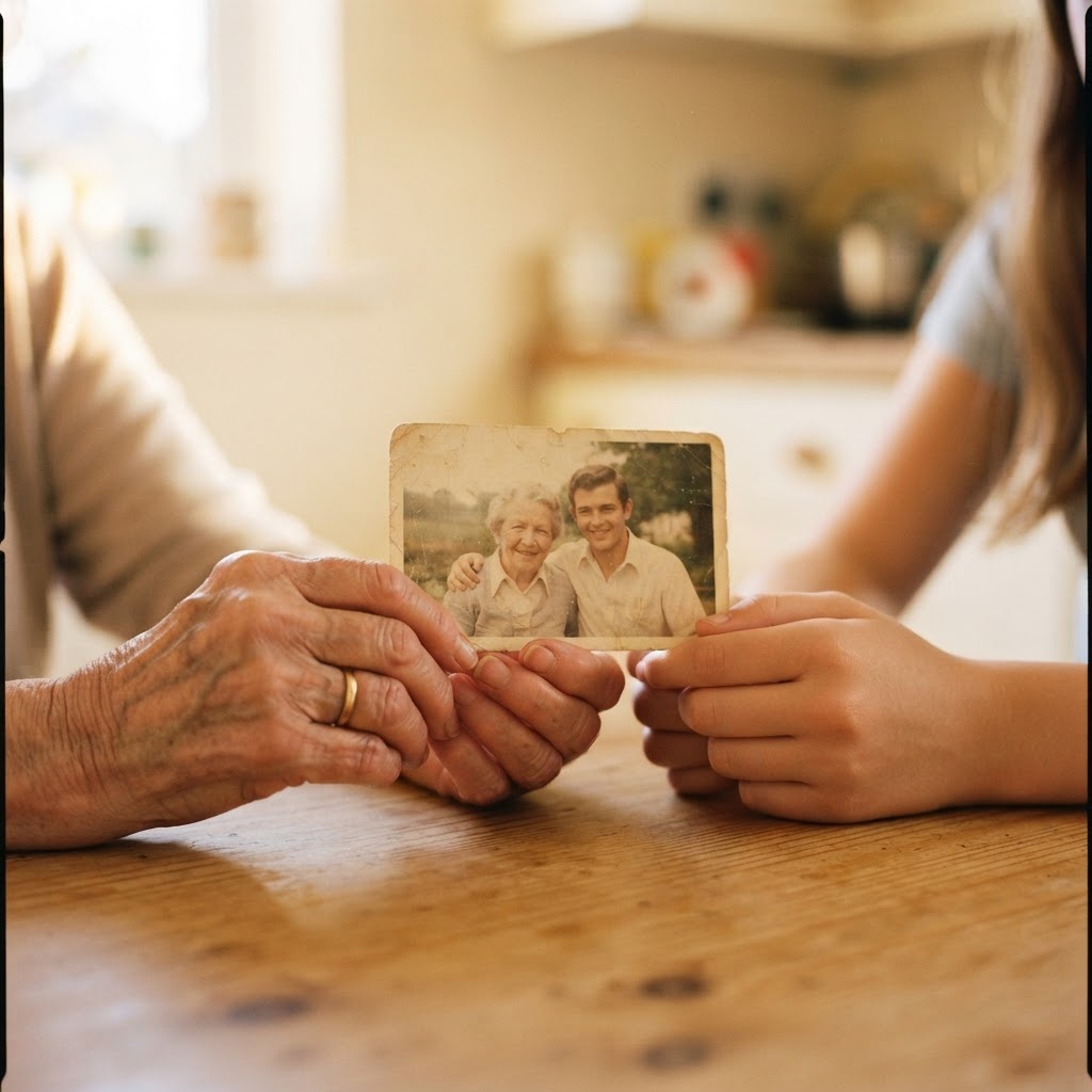 Elderly hands and young hands together holding a worn wedding photograph on a wooden kitchen table in warm afternoon light.