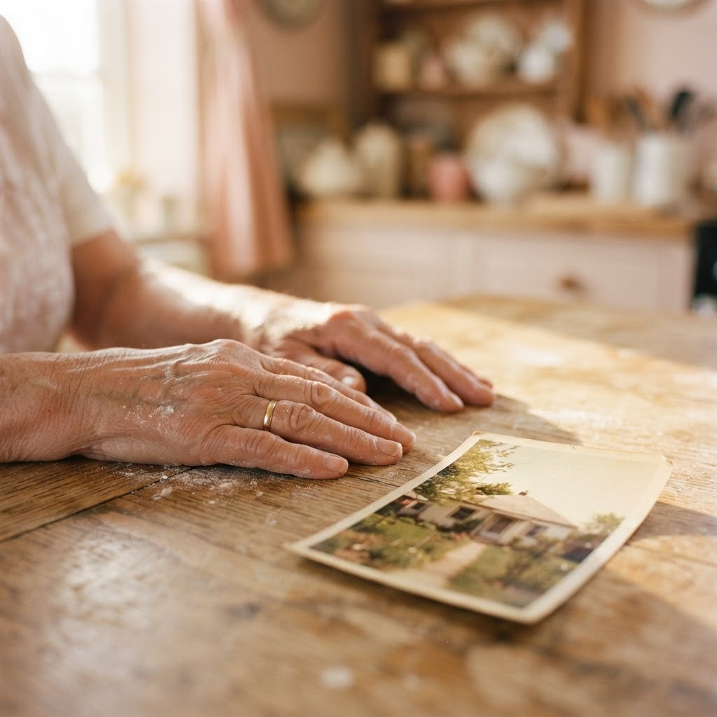 Flour-dusted elderly woman's hands resting on a worn wooden table beside a faded printed photograph of a childhood home.