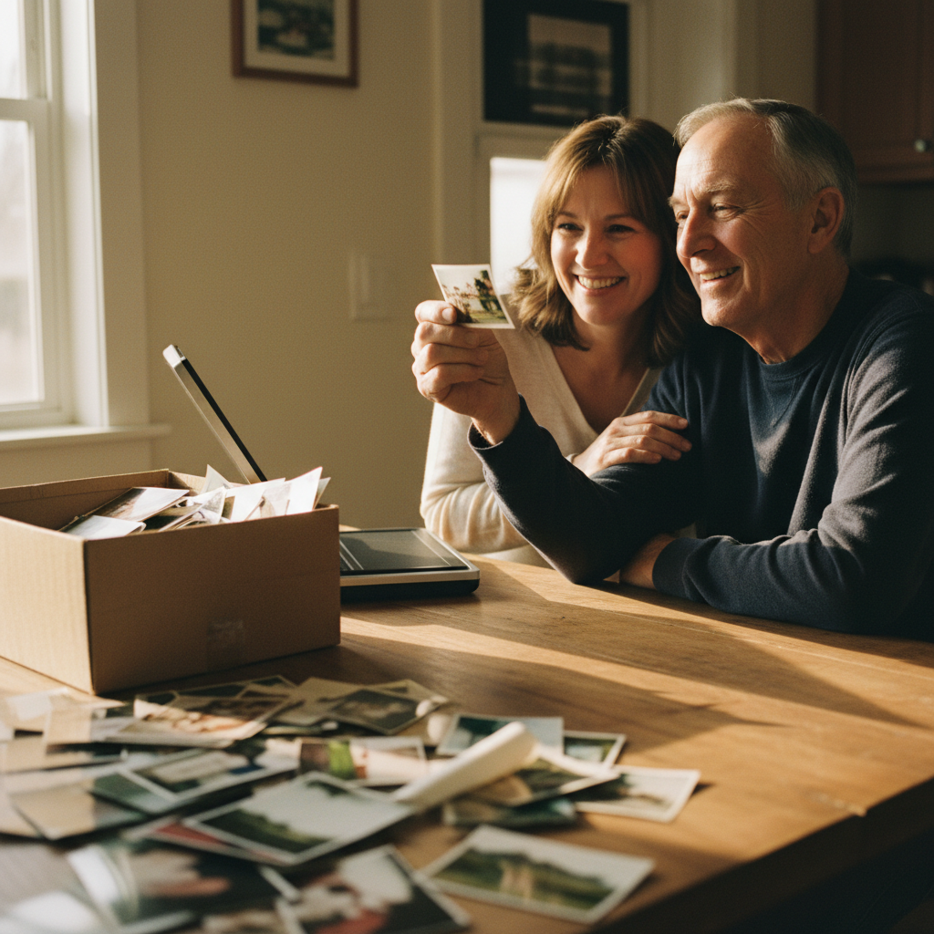 Father and adult child at a kitchen table, father holding up an old photograph while laughing, flatbed scanner and shoebox of