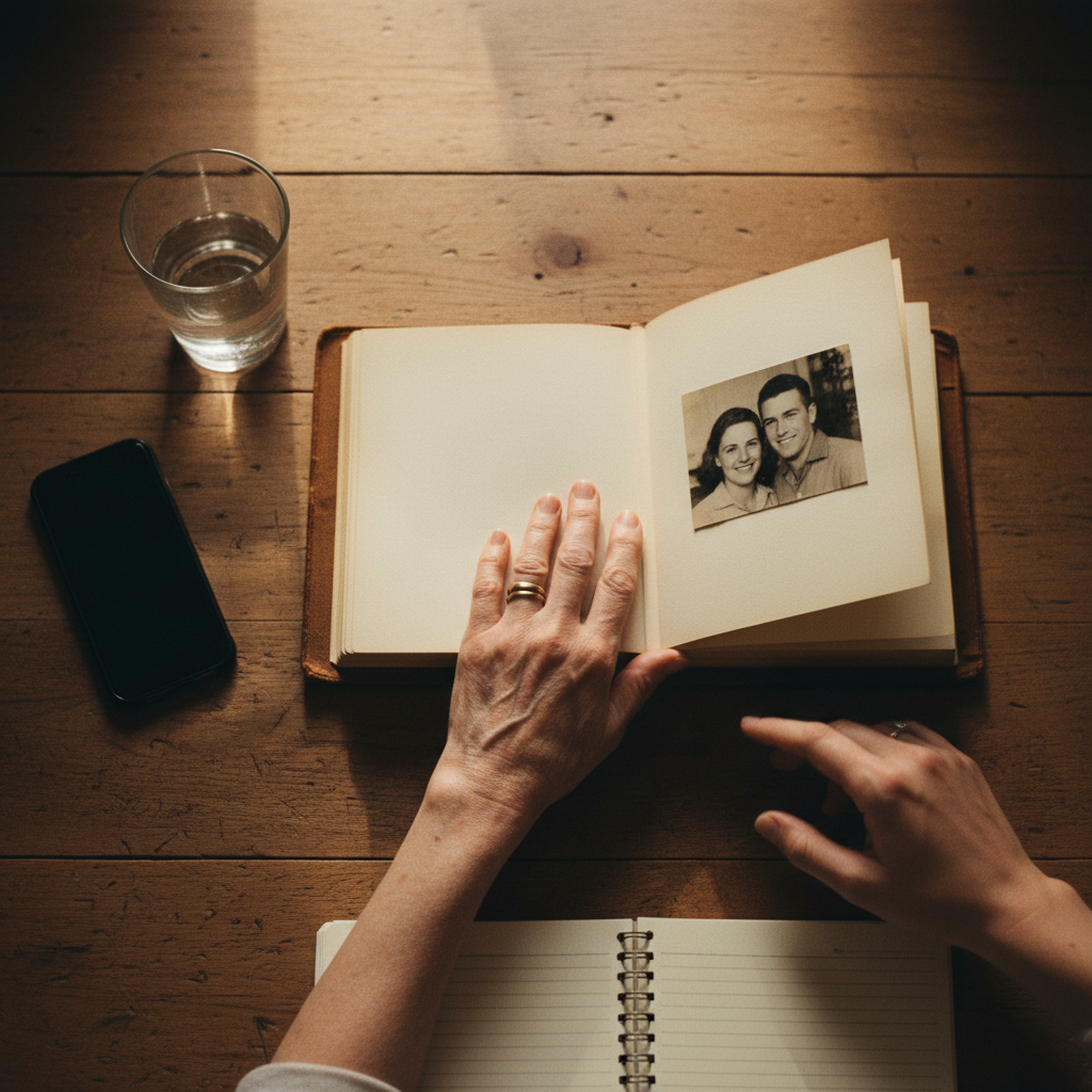 Open worn photo album on a sunlit table, an age-spotted hand resting on a faded photo, a younger hand reaching in from the ed