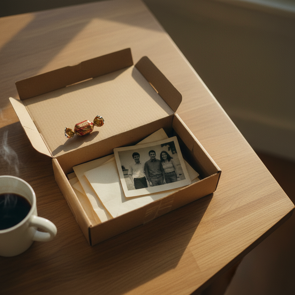 Worn shoebox open on a sunlit wooden table, spilling folded letters, a creased photograph