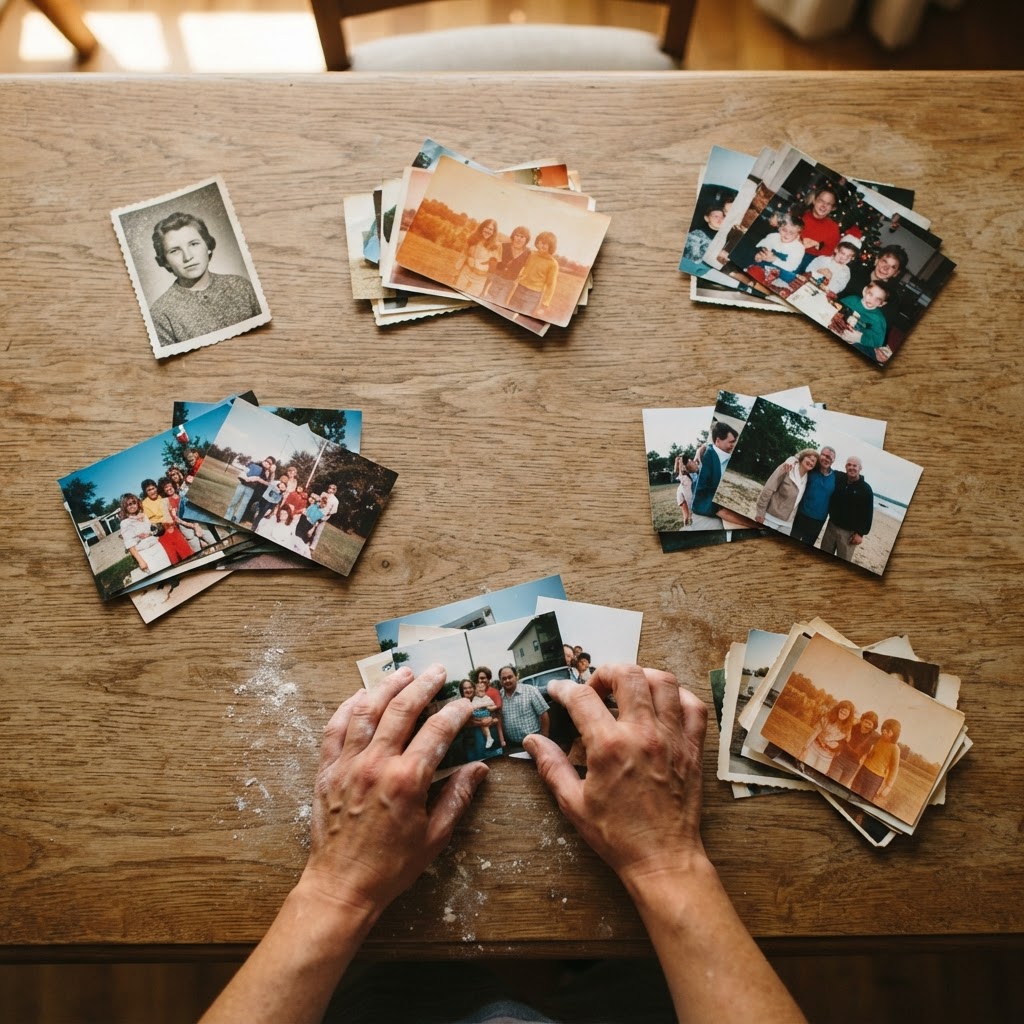 Six small clusters of printed photographs sorted into loose piles on a wooden table, including black-and-white and color snap