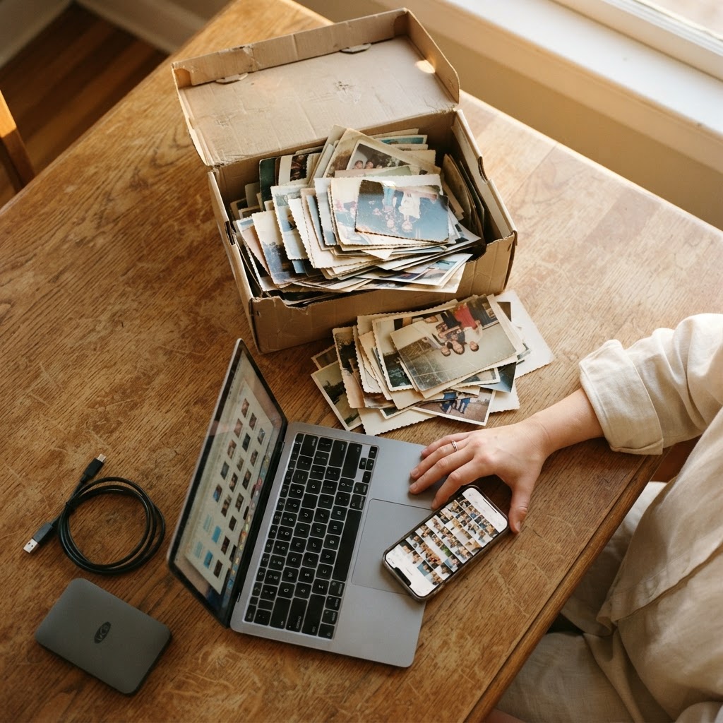 A shoebox of printed photos spilling onto a wooden table beside a laptop, open phone showing a photo gallery, and an external