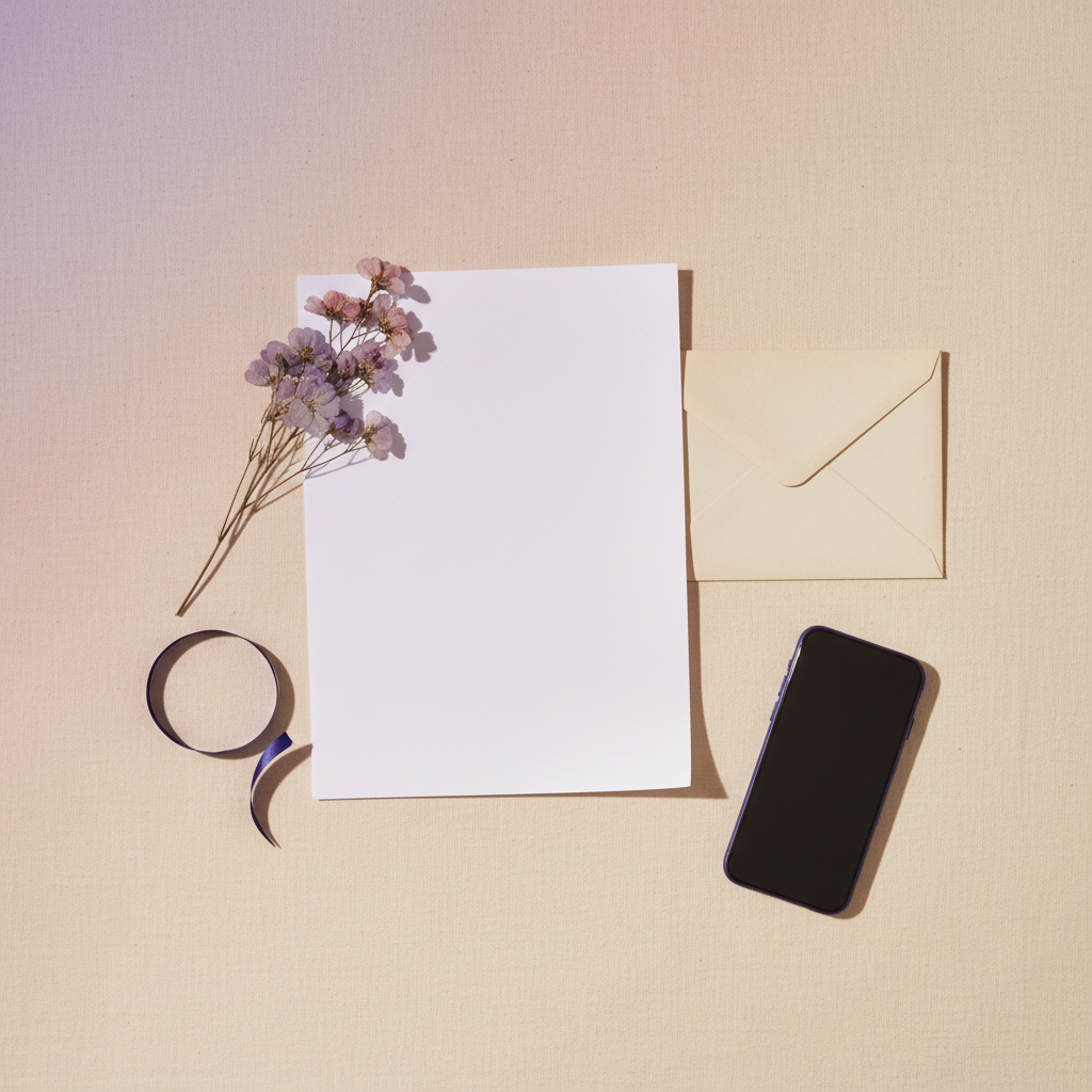 Death certificate scan beside a folded handwritten letter and a face-down smartphone, with a dried flower resting on the cert