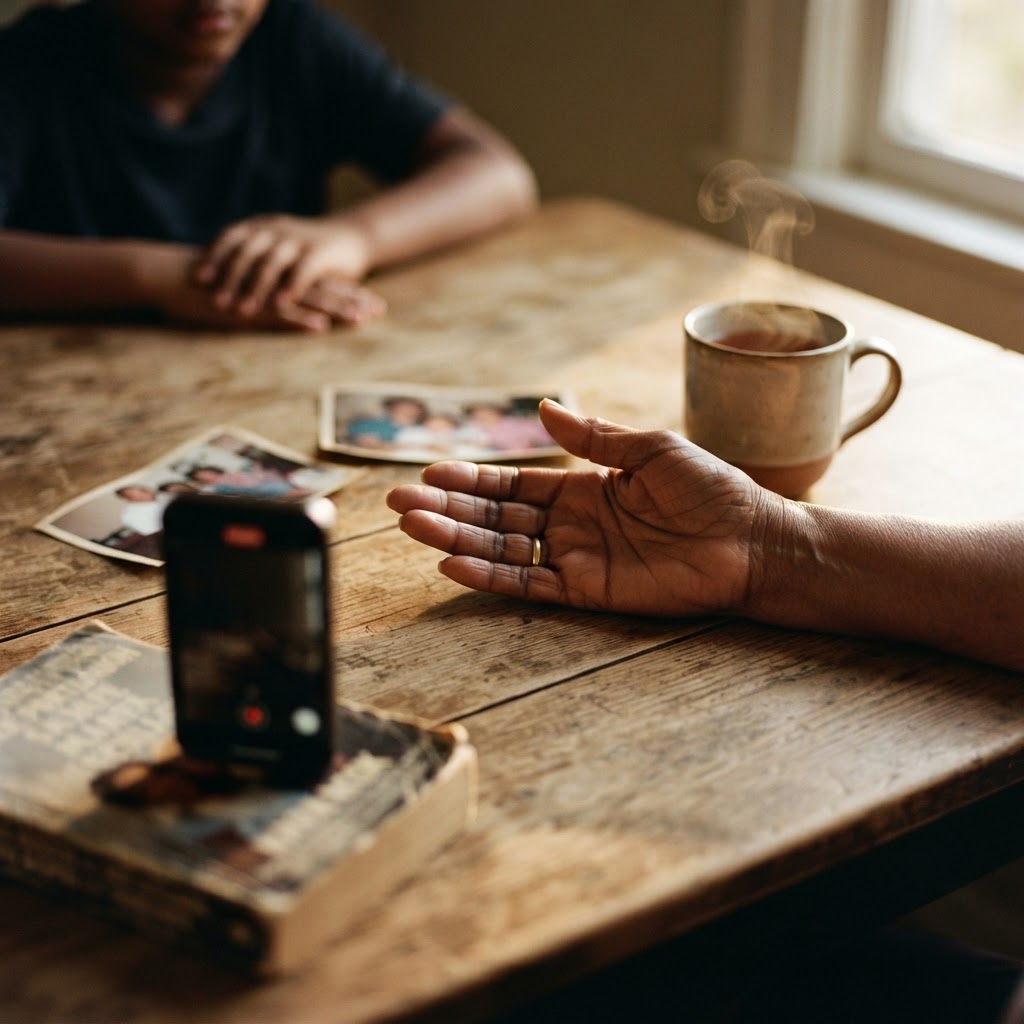 Weathered hand beside a small phone propped on a paperback, red recording light glowing, old photographs and tea cup on a sun