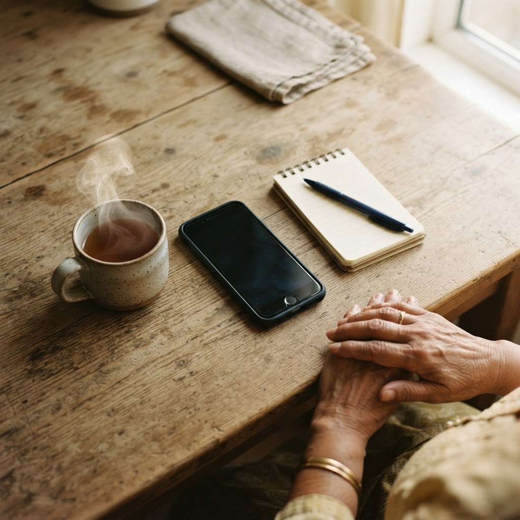 Elderly woman's hands resting near a smartphone and handwritten notepad on a kitchen table, steaming ceramic mug beside them