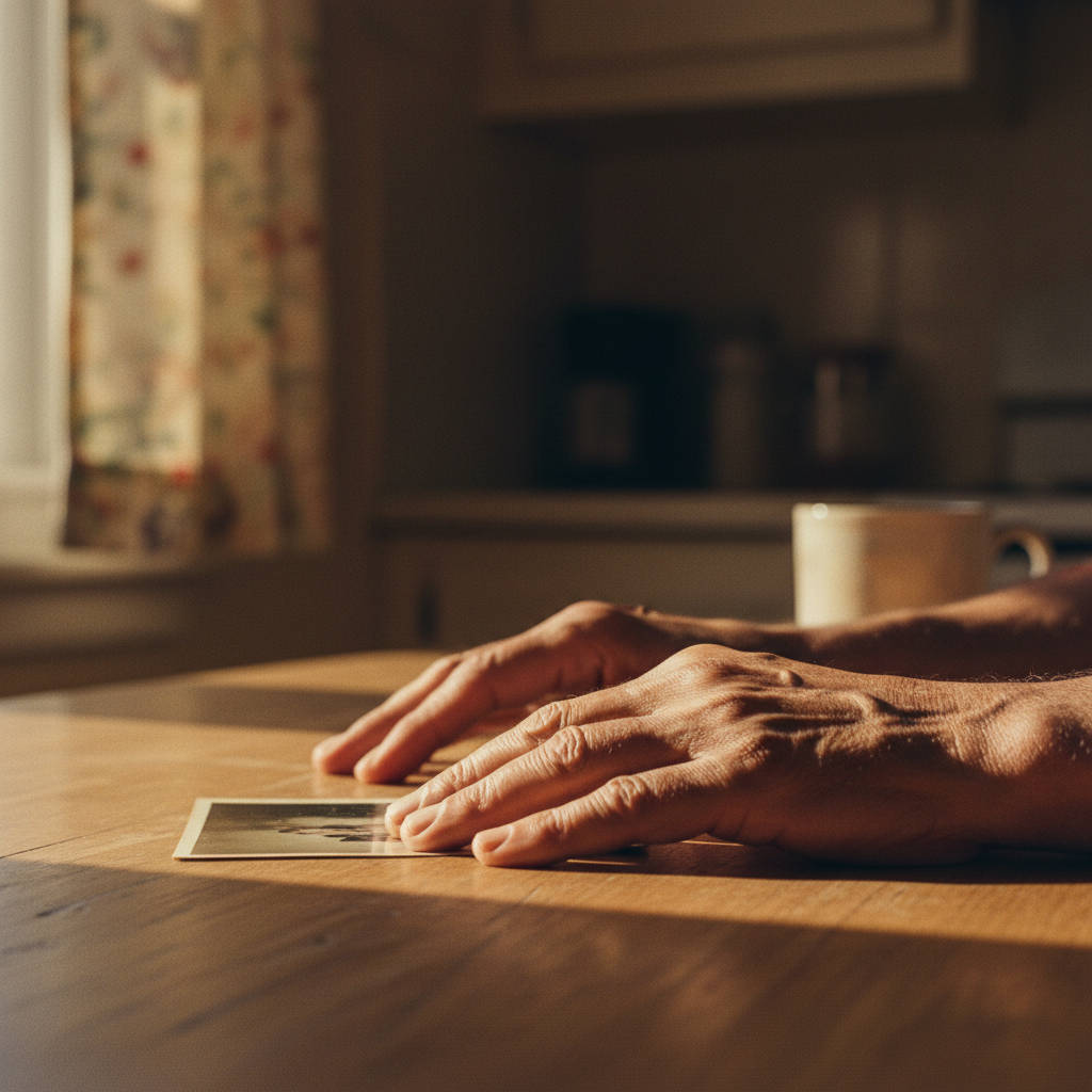 Weathered elderly man's hands resting on a closed wooden box, a faded photograph barely visible beneath his palm.