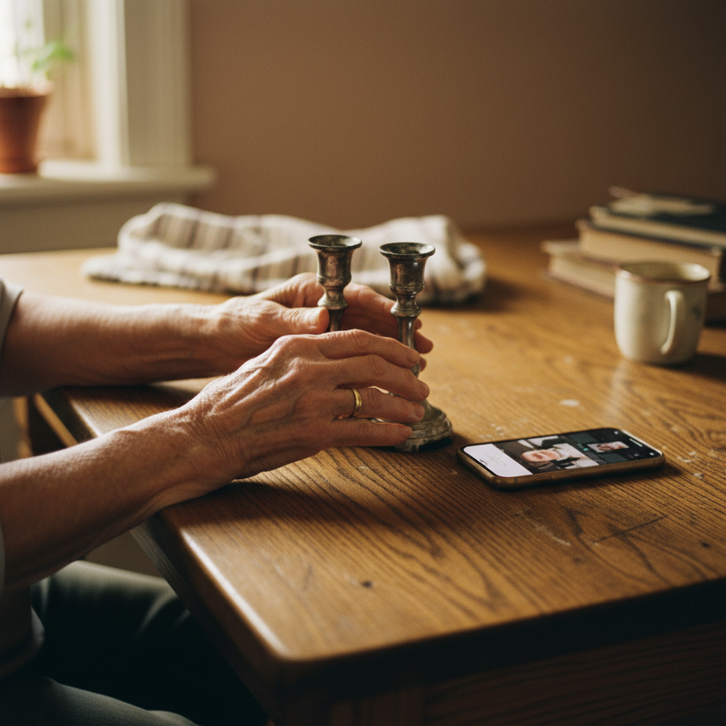 Elderly woman's weathered hands cradling a pair of silver candlesticks on a wooden table, a glowing smartphone beside them.