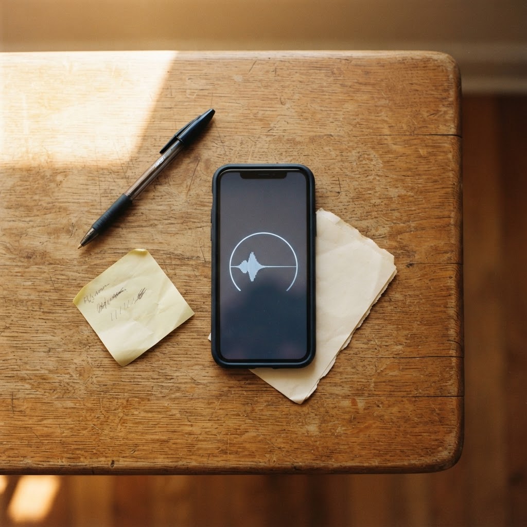 Smartphone face-up on a worn wooden kitchen table beside a sticky note and pen, screen glowing with a voice memo waveform in