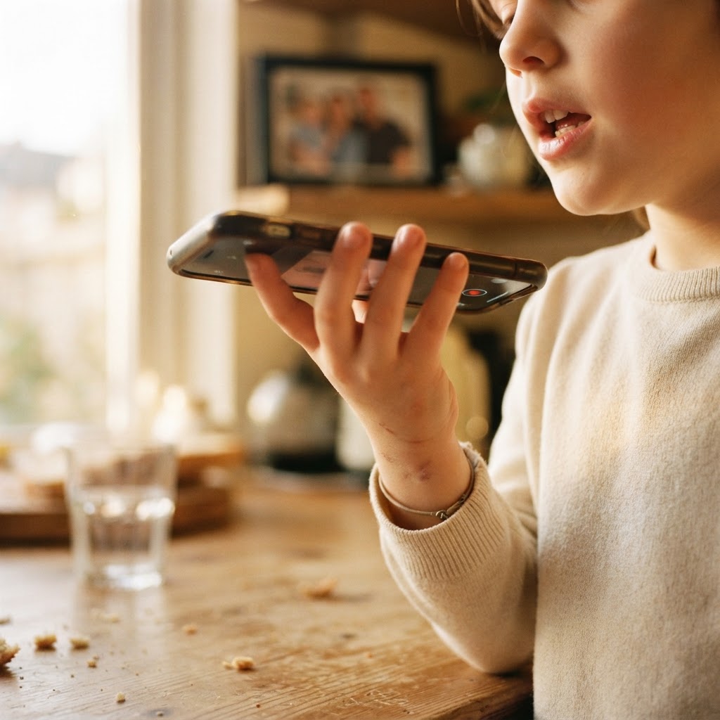 Child's hand holding a smartphone close to their mouth while recording, a framed photo softly out of focus on the shelf behin