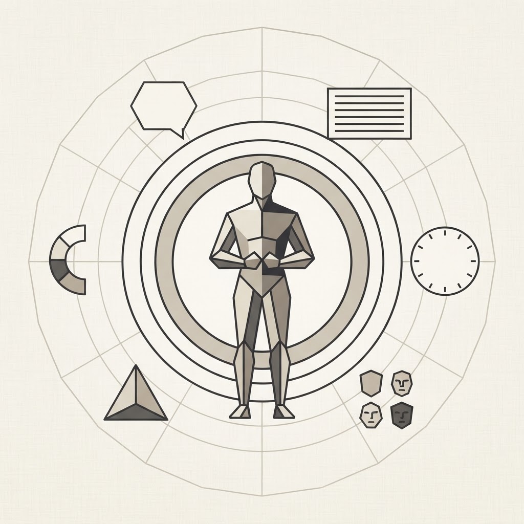 Abstract human silhouette in a radial grid of concentric circles, ringed by geometric clock