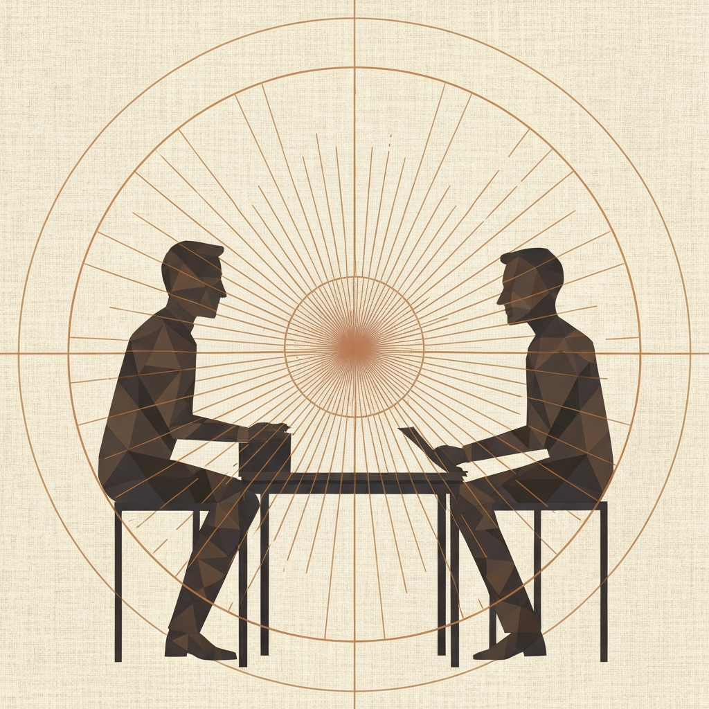 Two silhouetted figures facing each other across a minimal table, one leaning forward, on a radial grid background.
