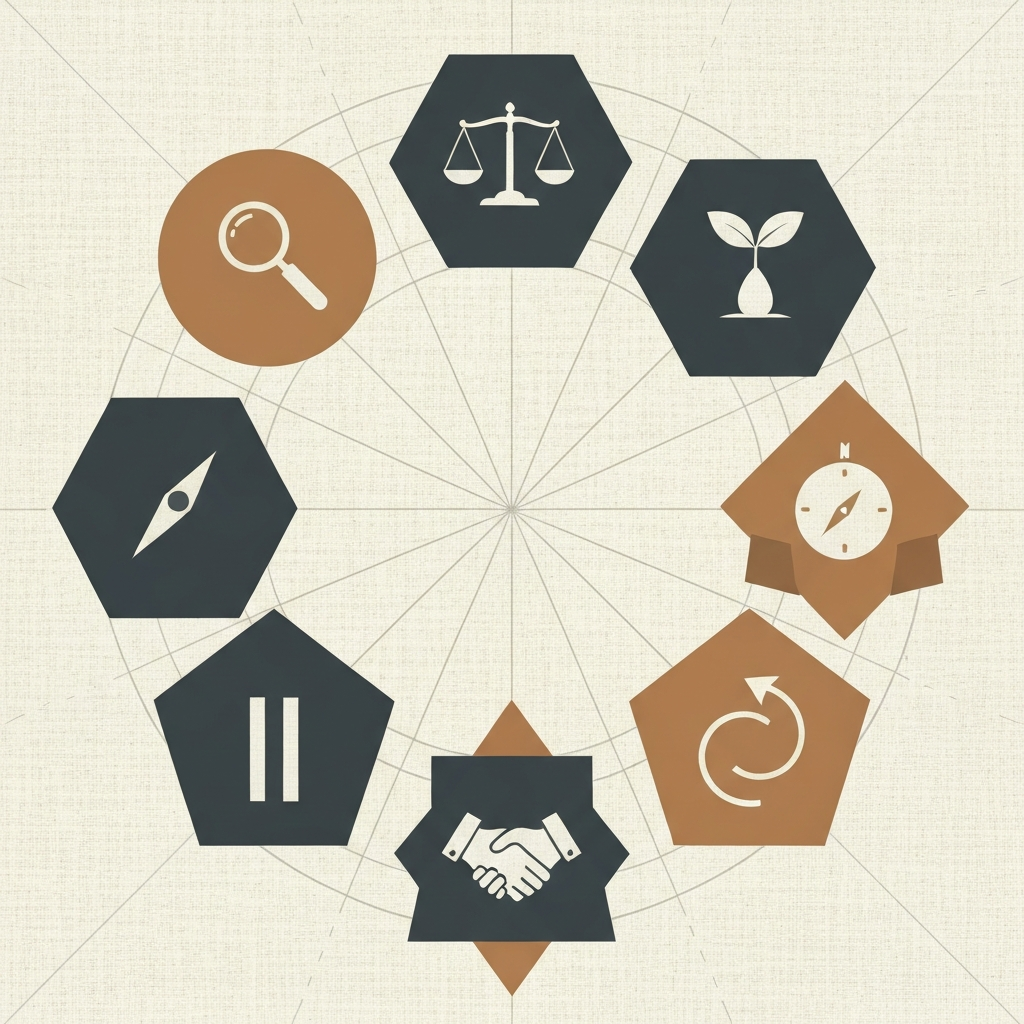 Seven interlocking geometric shapes - circles, triangles, and hexagons - forming a single connected constellation pattern.