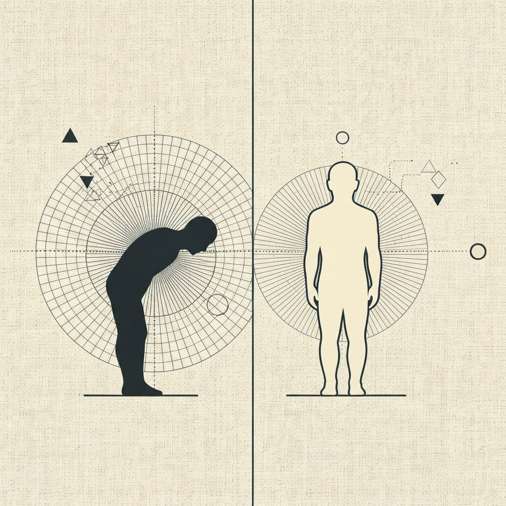 Two mirrored human silhouettes facing each other, one leaning forward with radiating lines, the other static, split by a vert