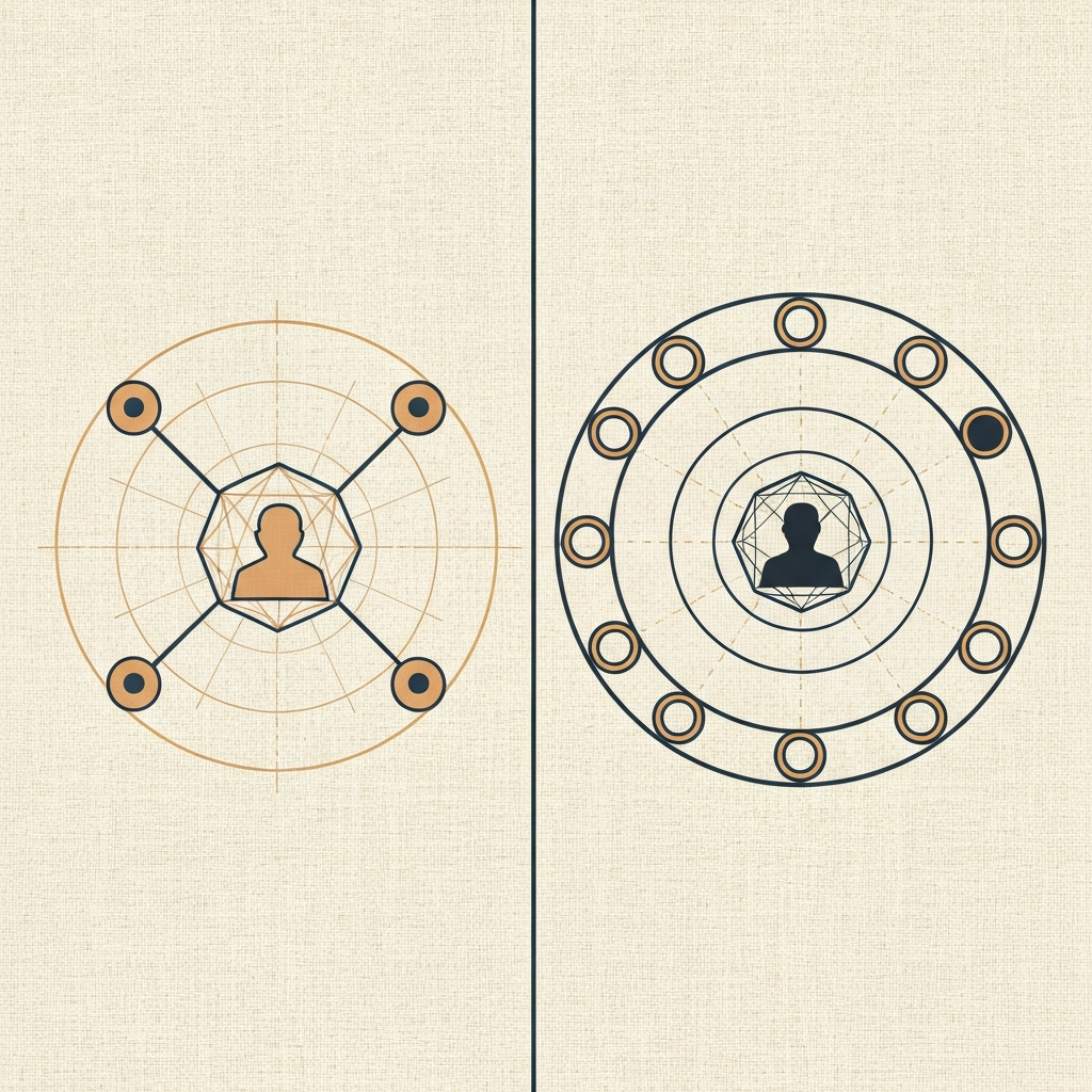 Two radial grid diagrams side by side: left shows three nodes linked to a central hub; right shows thirty nodes fanning outwa