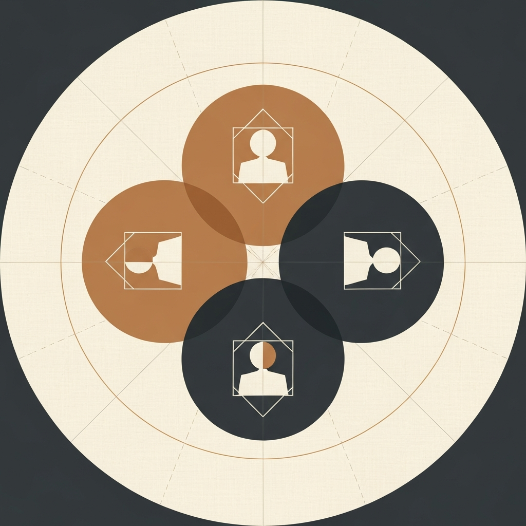 Radial diagram of three overlapping circles with small human silhouettes placed inside each zone and at the intersections.