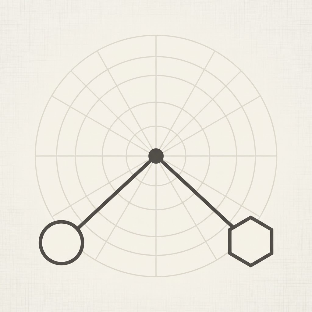 Geometric decision tree diagram showing two lines branching from a single node, ending in a circle and a hexagon shape.