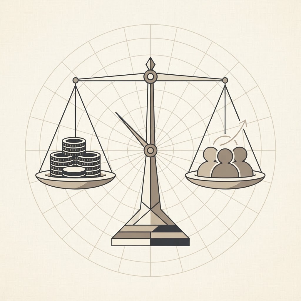 Balance scale with a stack of coins on one pan and human silhouettes with a growth arc on the other, needle near center.