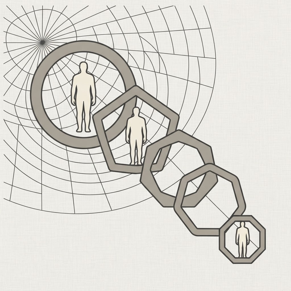 Five interlocking geometric rings shrinking in size inside a radial grid that tightens toward a silhouette at the center.