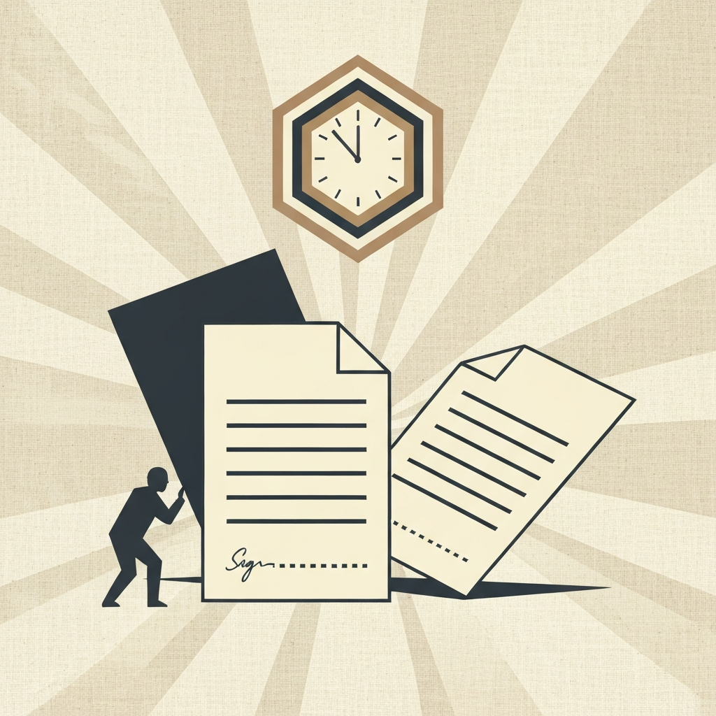 Unsigned document centered on a geometric surface, dotted signature line empty, two fanned offer letters beside it, clock sha