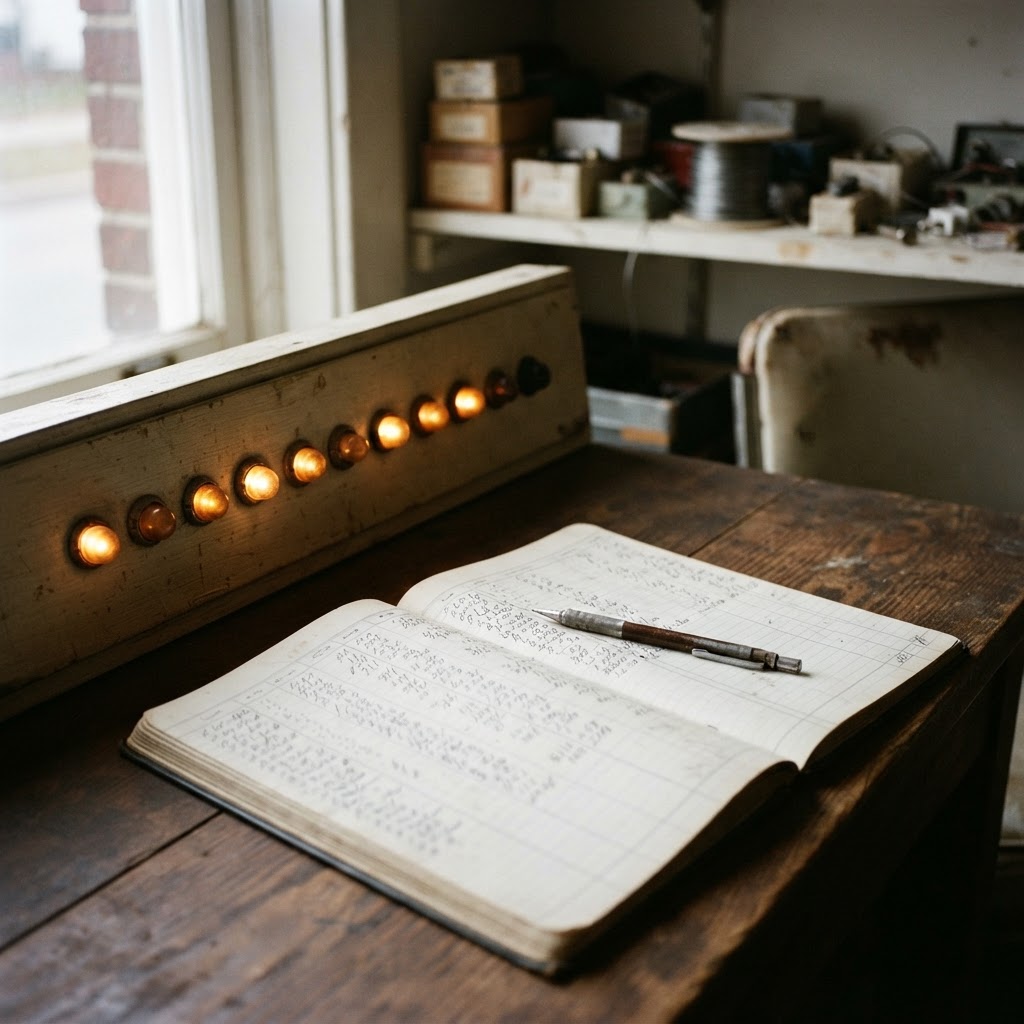 Worn wooden scoring table with a row of ten amber warning lights mounted above a ledger, nine glowing and one dark.