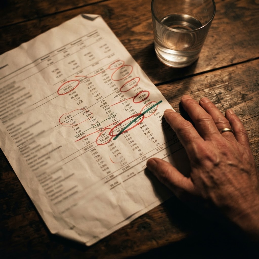 Hand hovering over a printed brokerage statement with positions circled in red pen, resting on a cluttered wooden desk.