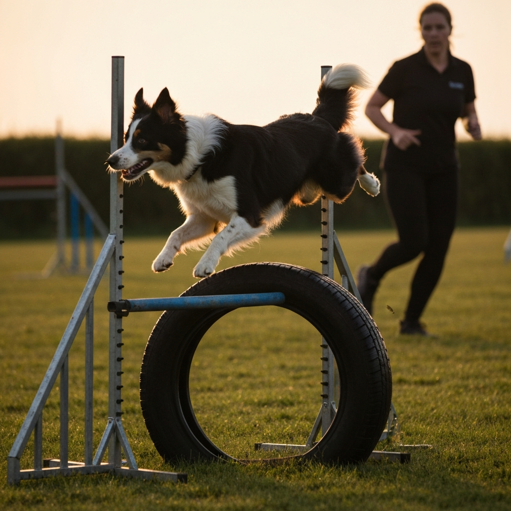 Illustrated dog leaping over a hurdle on a colorful agility course.