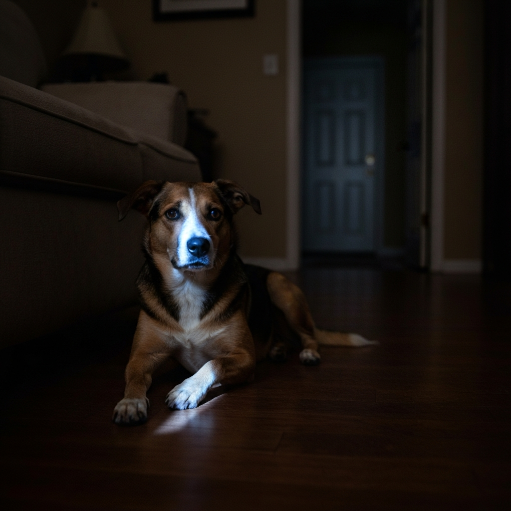 Digital illustration of a dog lying awake in a dark room at nighttime.