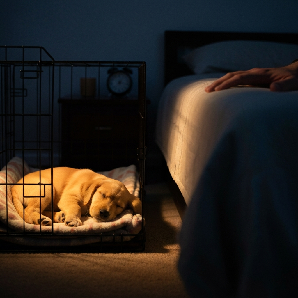 AI-generated illustration of a puppy awake in a dark room at nighttime.