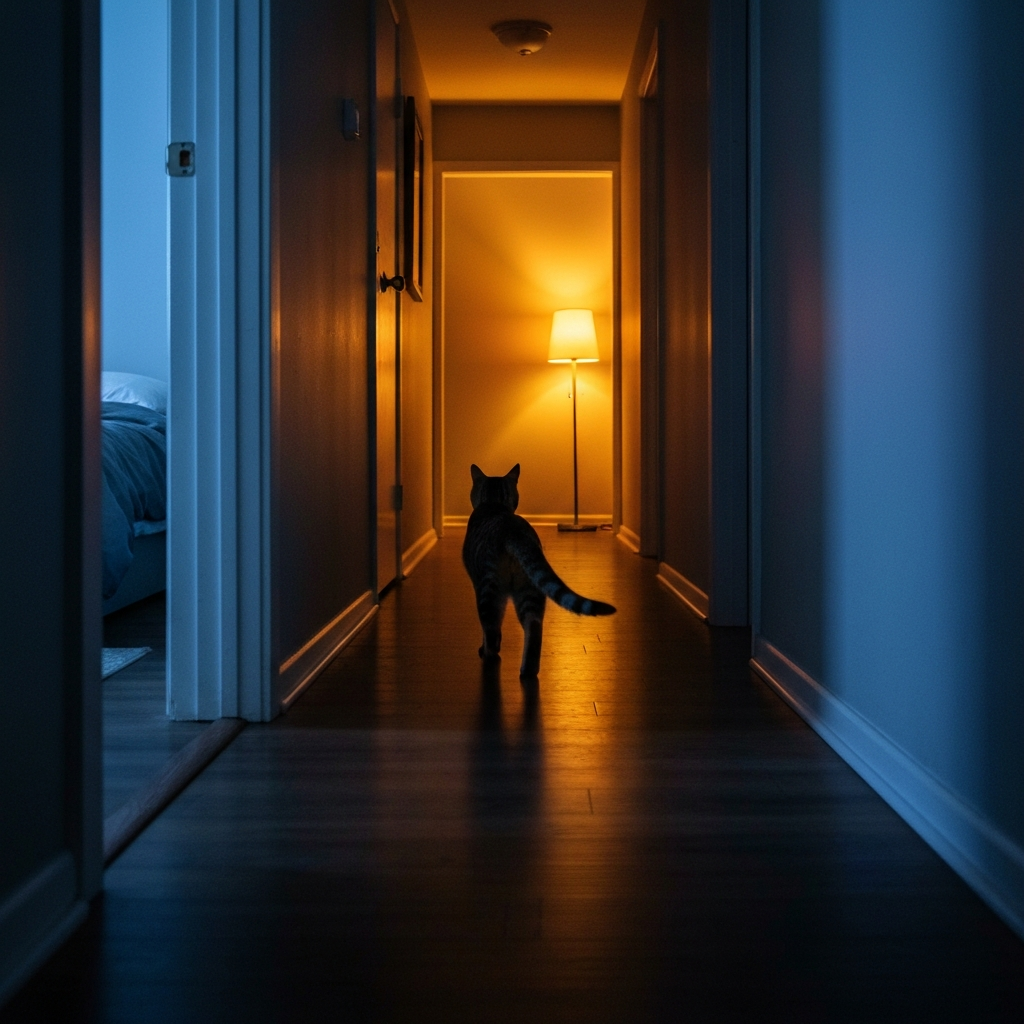 Cat prowling near a window in low indoor light during nighttime hours.