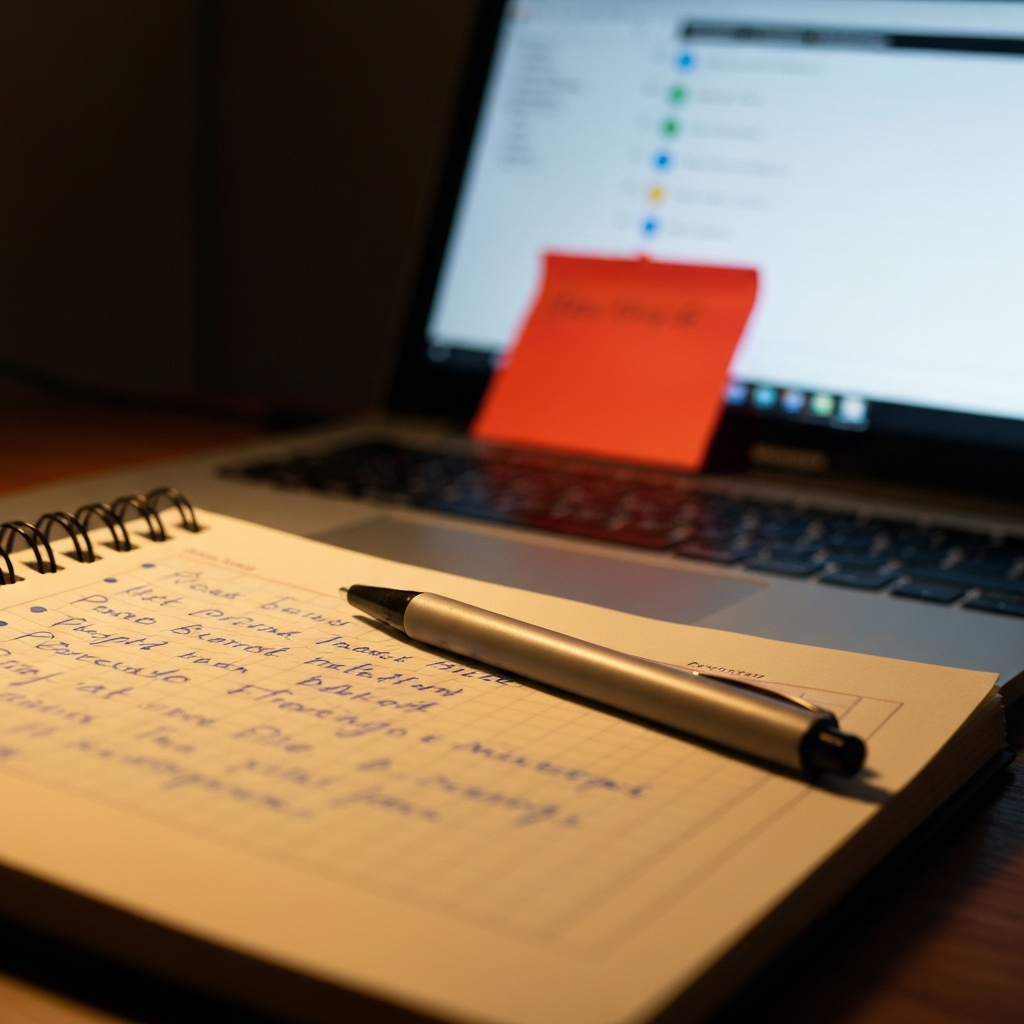 Open notebook with handwritten notes beside a laptop showing a CRM dashboard, a red sticky note covering one account row.
