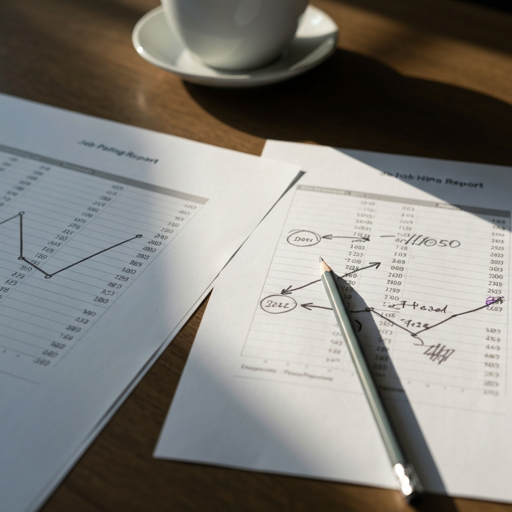 Two printed reports side by side on a desk, one annotated with handwritten notes, circles, and arrows, the other unmarked.