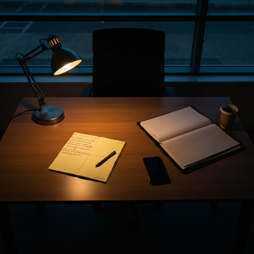 Dimly lit office desk with a legal pad, face-down phone, and open deal folder under a single lamp.