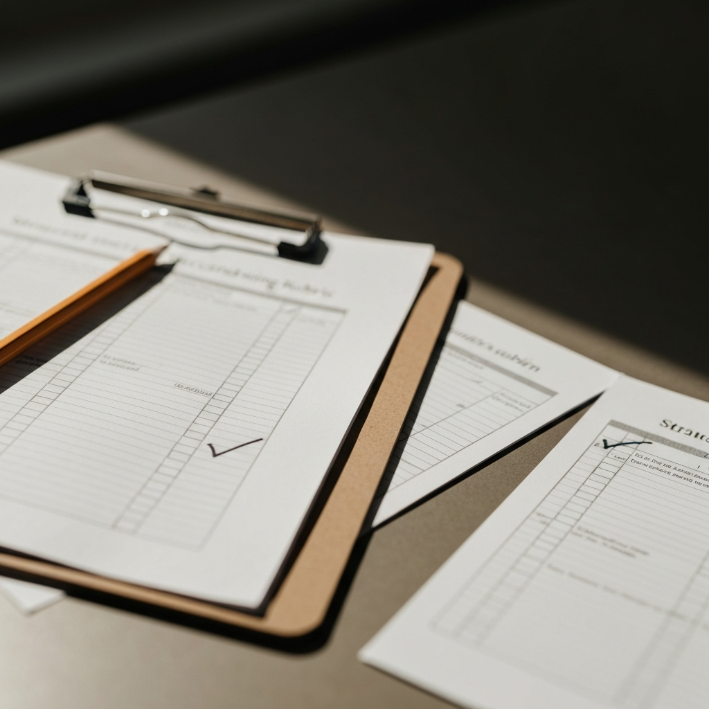 Printed scoring rubric on a clipboard with a mechanical pencil laid across it and deal sheets fanned beside it.